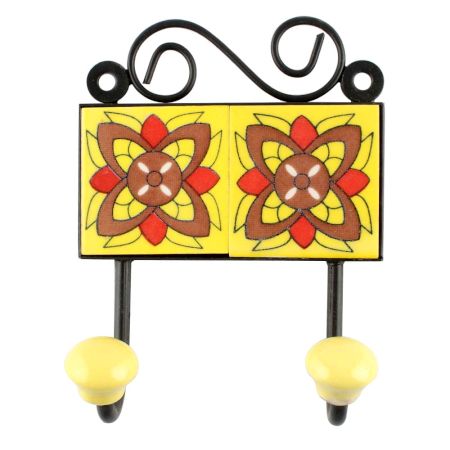 Yellow With Brown Floral Ceramic Tiles Hook